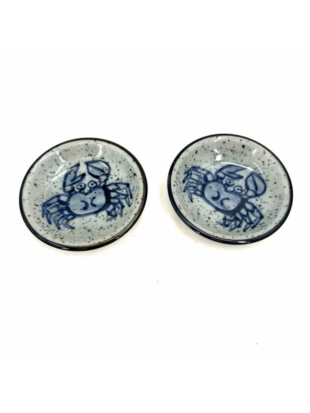 Ceramic Sushi Soy Sauce Dish Hand Painted Crab Design Blue Speckled 3.5"